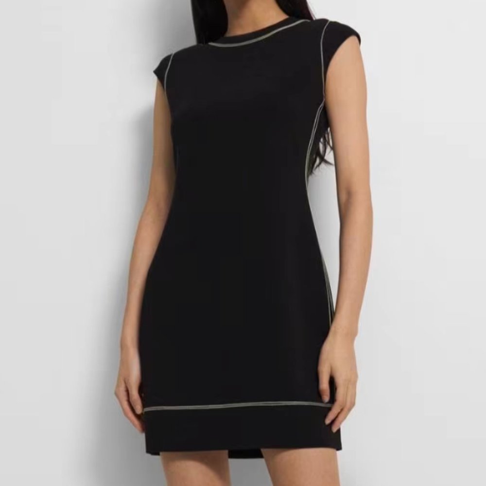 Theory Embroidered Shift Dress in Admiral Crepe (Black)
